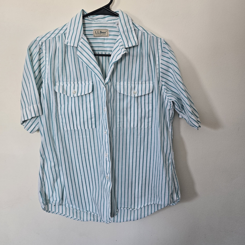 L.L. Bean White Button-Up Shirt with Teal Stripes